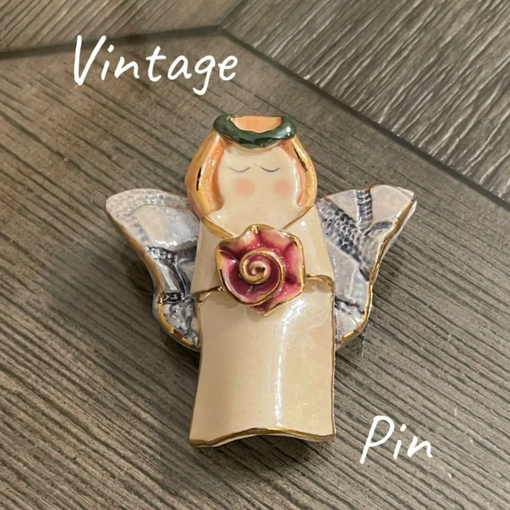 Vintage Ceramic Lusterware Angel with Rose Brooch Lapel Pin